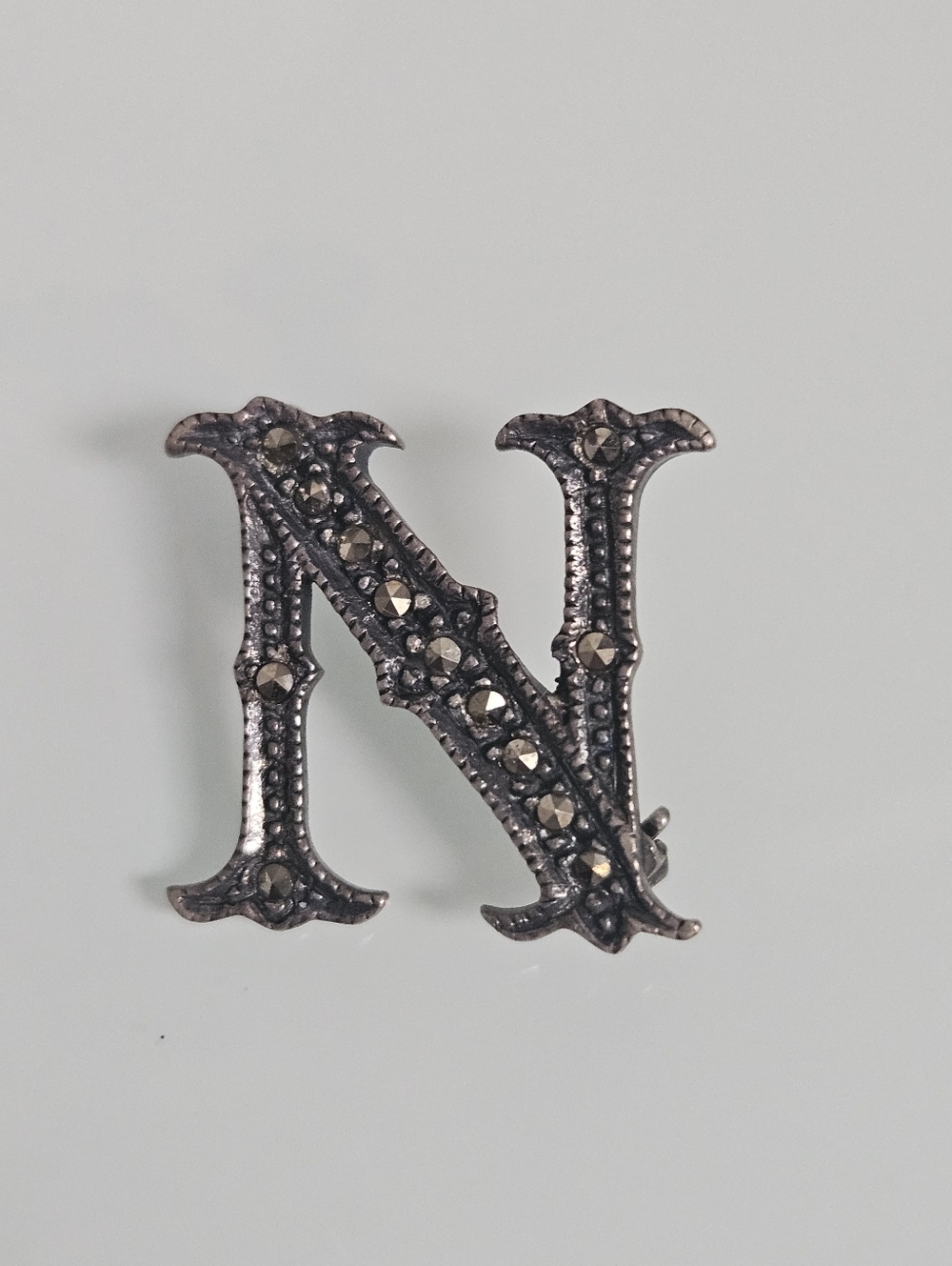 Vintage Designer  NF 925 Sterling Silver Marcasite Letter N Brooch Pin